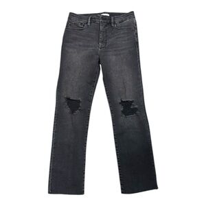 GOOD AMERICAN Black Distressed Denim Jeans Legs‎ Straight High Waist 10 Raw Hem